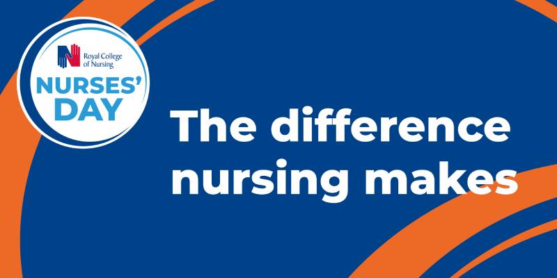 Nurses' Day 2024 graphic - blue background and orange swirls with a round nurses' day badge in the top right and 'The difference ͷ makes' text in white font 800x400