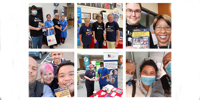 Six images of staff and members campaigning across the region, from Bristol to Dorset, including one with Board Chair Jeanette Jones, and another with a guest appearance from Patricia Marquis, RCN England Director, in Dorset with ex-Chair of Congress BJ Waltho and South West Council member Geoffrey Walker