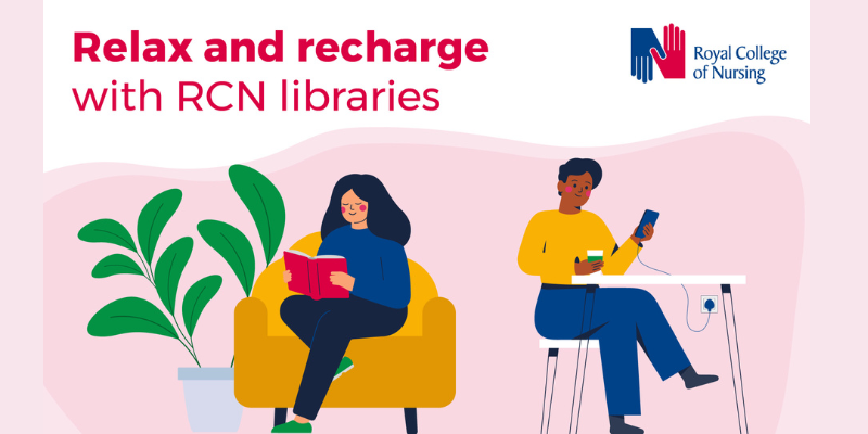 'relax and recharge with RCN libraries' animation of two people relaxing