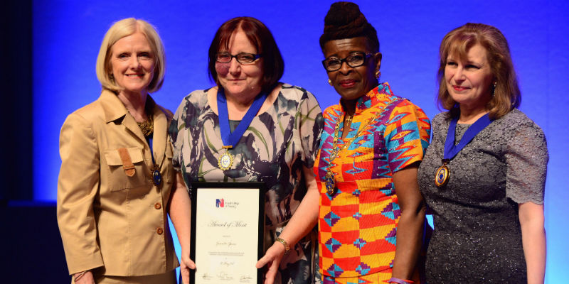 Jeanette Jones receiving her Award of Merit on Nurses' Day at Congress 2018 from Janet Davies, Cecilia Anim and Maria Trewern