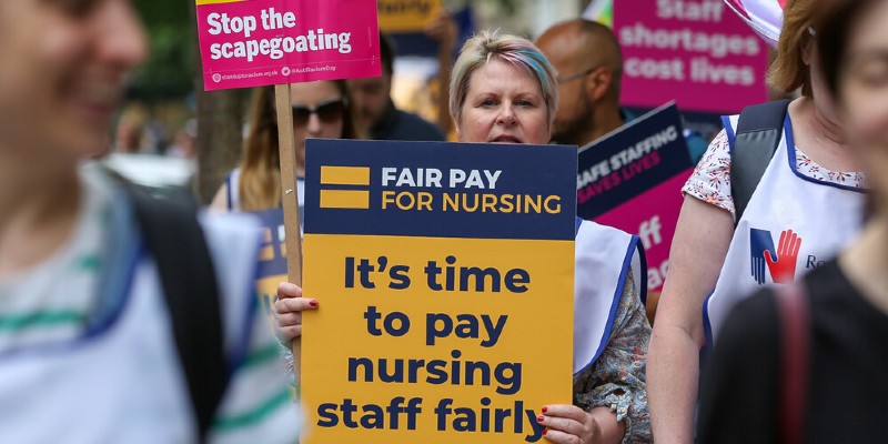 RCN members at pay rally with placard 'Time to pay nursing staff fairly'