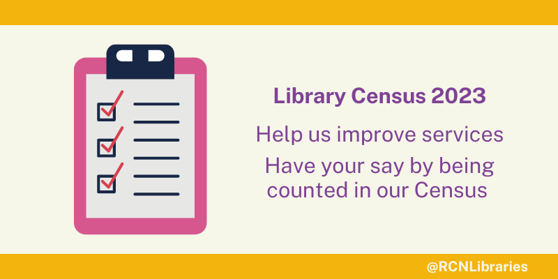 Pink clipboard with ticks and lines. Text reads: Library Census 2023. Help us improve services. Have your say by being counted in our Census.