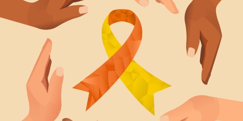 Illustration of yellow suicide prevention ribbon. Different coloured hands encircle the ribbon, reaching towards it