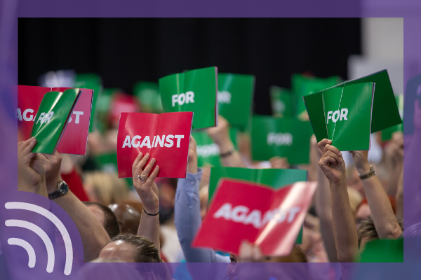 Members holding up voting signs at Congress