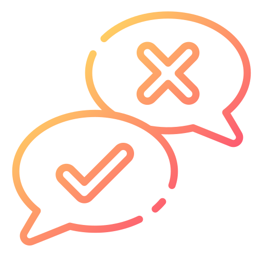 Icon of two speech bubbles, one with a tick inside it, one with a cross
