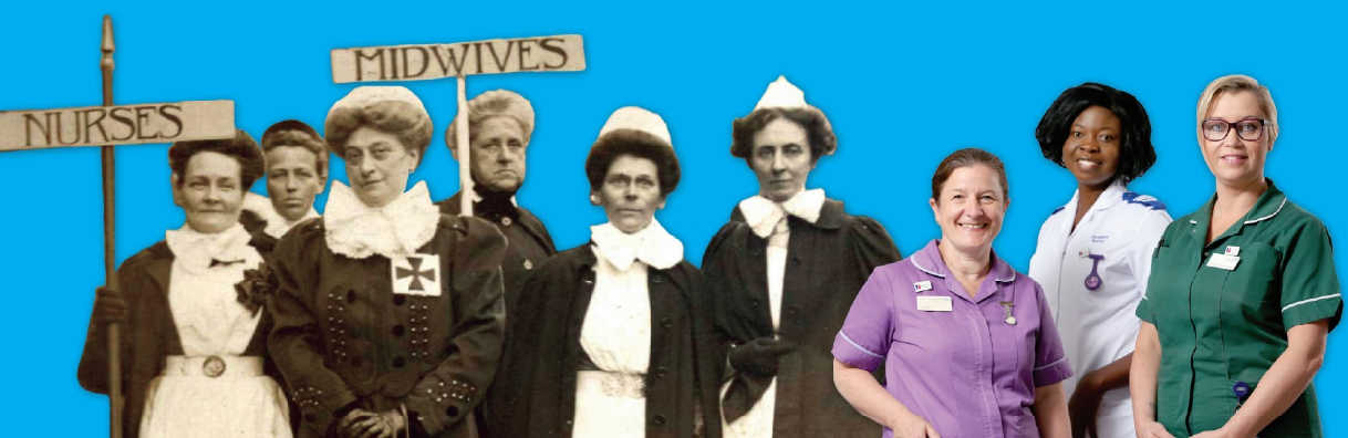 A group of nurses and midwives, starting on the left with black and white historical pictures moving to the present in modern uniforms on the right