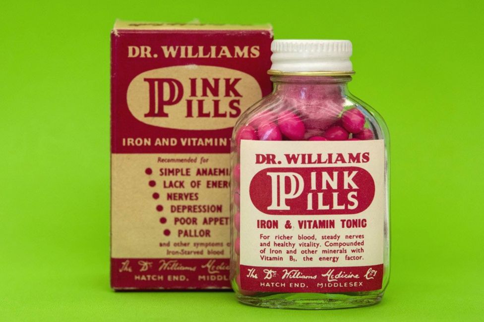 Dr Williams pink pills for pale people, late nineteeth century. Advertised as an iron rich tonic for the blood, these pills claimed to be a miracle cure for a variety of ailments, including anaemia, hysteria and ‘change of life.’ Loaned from the Royal Pharmaceutical Society. Photo credit: Phil Coomes.