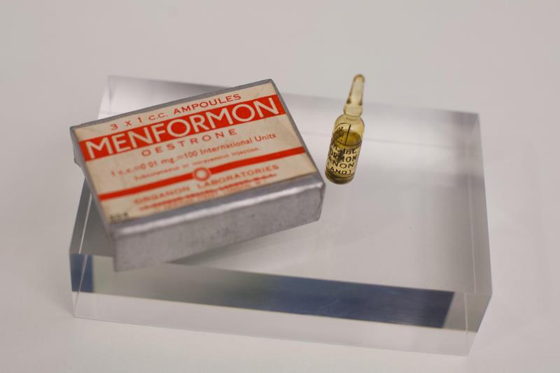 Menformon Organon ampoules, c1938. This oestrogenic hormone is an early example of hormone replacement therapy, prescribed for 'climacteric symptoms' as well as to prevent 'premature birth.' Loaned from the Royal Pharmaceutical Society. Photo credit Justine Desmond.