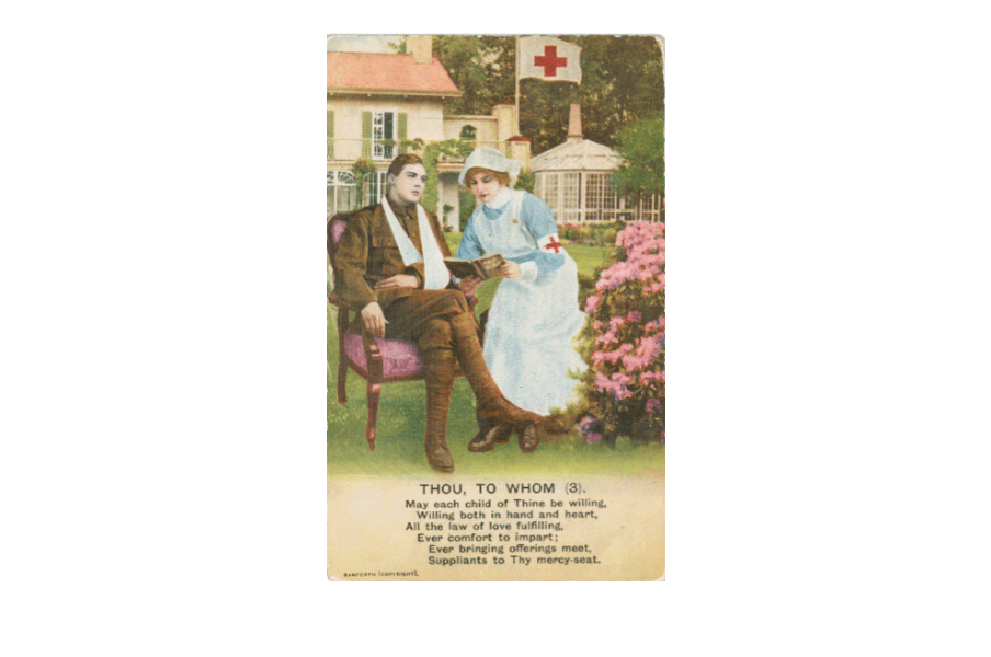 Postcard of an illustration of a nurse reading from the bible to a uniformed soldier with his arm in a sling, 1914-1918. RCN Archive.