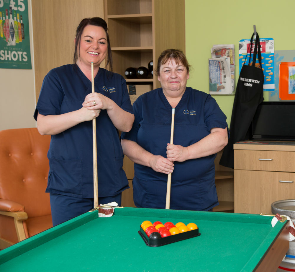 Nursing staff playing pool at the Derwen Arms