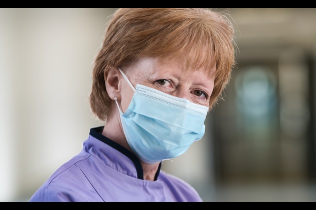 Research matron Aileen Burn wearing a PPE mask at the RVI Newcastle
