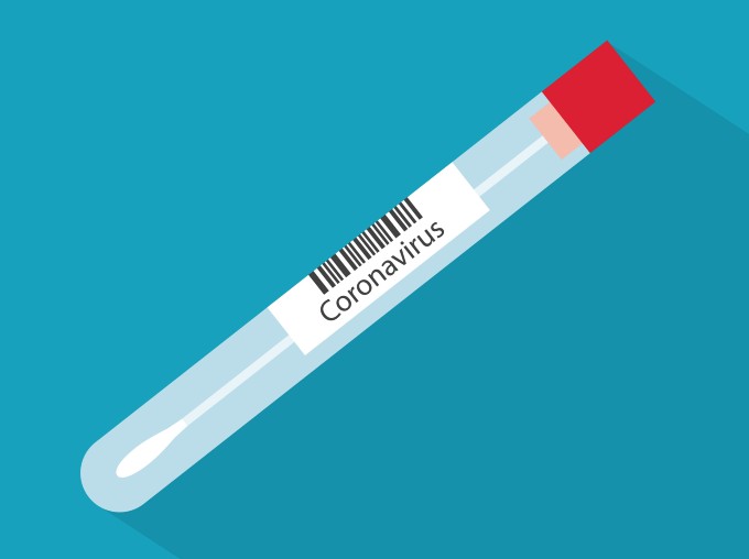 Illustration of coronavirus test swab sample in tube – simple graphic on blue background